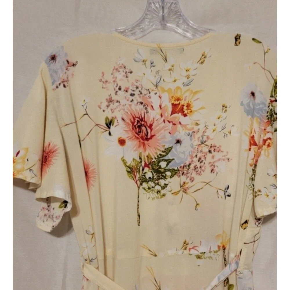Acanela Expedition Women's Floral Wrap Midi Raffledi Dress Flutter Sleeve Size L